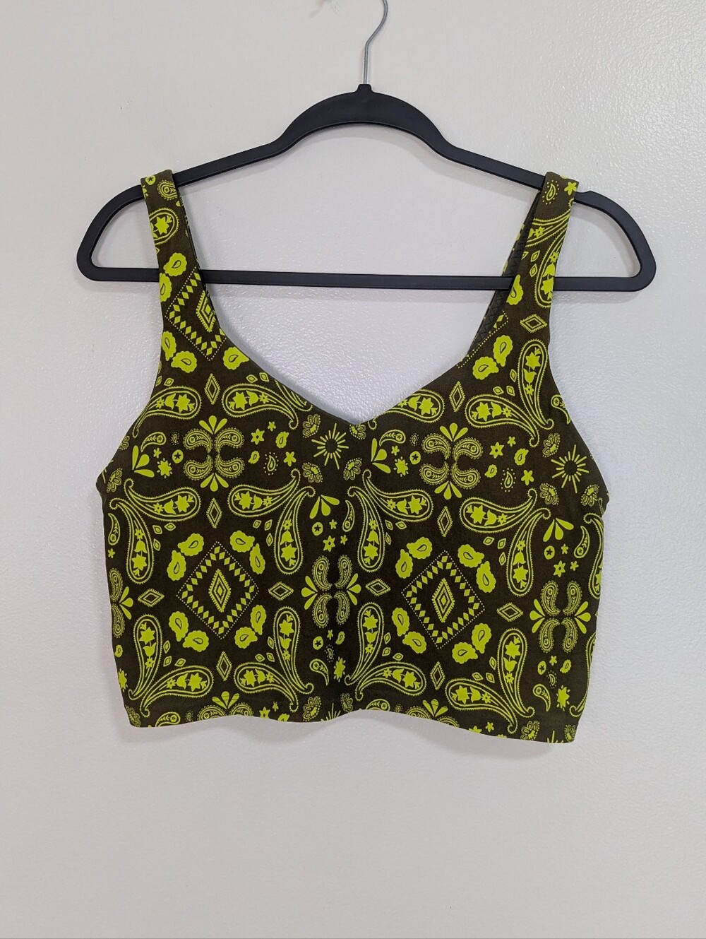 Aerie OFFLINE Size XL Olive Green & Neon Lime Paisley Printed Padded Bra Top